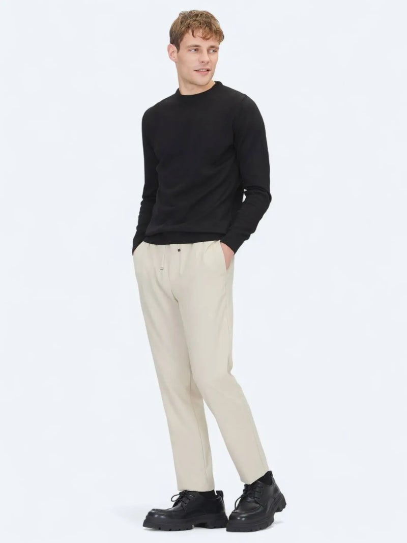 كيب بنطال رياضي كاجوال بقصة مريحة من قماش بيج داكن منسوج - Image 1